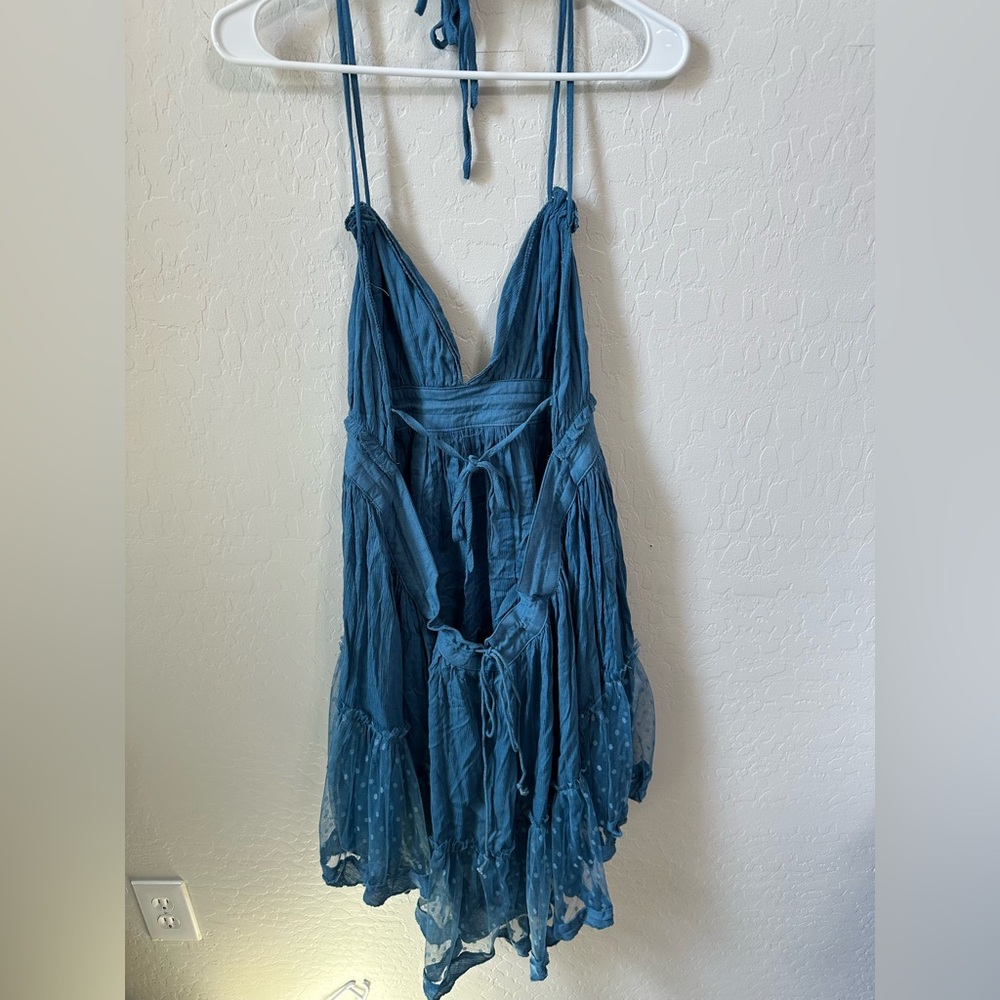 Blue Sleeveless Dress with Polka Dot Hem - Picture 2 of 3